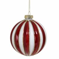 Stribet julekugle rød og hvid med guldglimmer Ø 10 cm.