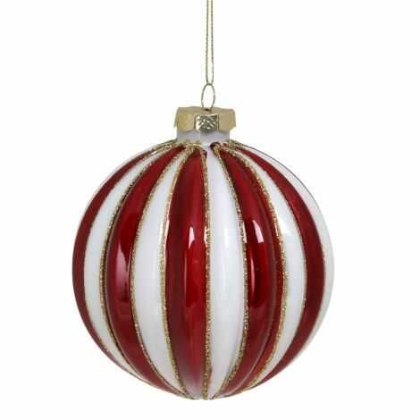 Stribet julekugle rød og hvid med guldglimmer Ø 10 cm.