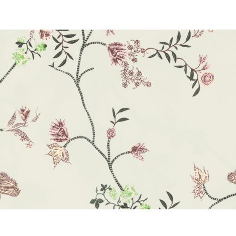 Lækkert sengetøj med blomster motiv hvor mønsteret ses tæt på slyngende blomster ranker på en råhvid bund