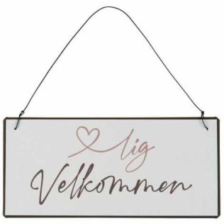 velkommen skilt med wire til ophæng et tegnet hjerte og lig velkommen som giver hjertelig velkommen