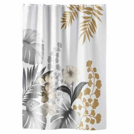 Badeforhæng med blomster og blade 180x200 i vandfast polyester til brusekabinen eller badekarret