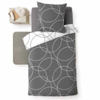 Mørkegråt sengetøj 140x200 cm med cirkelmønster i hvid vendbart med omvendte farver på bagsiden