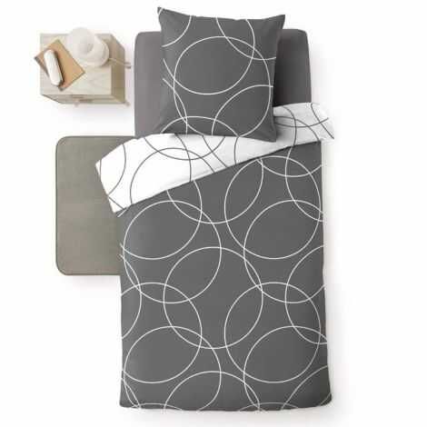 Mørkegråt sengetøj 140x200 cm med cirkelmønster i hvid vendbart med omvendte farver på bagsiden