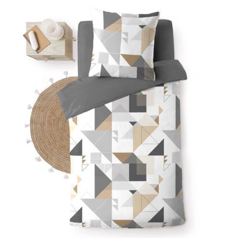 140x200 sengetøj i grå og beige geometrisk mønster i mikrofiber
