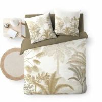 Sandfarvet sengetøj 240x220 cm. med palme design i ren bomuld