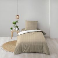 Hvidt og beige sengetøj 140x200 cm. vendbart i ren bomuld