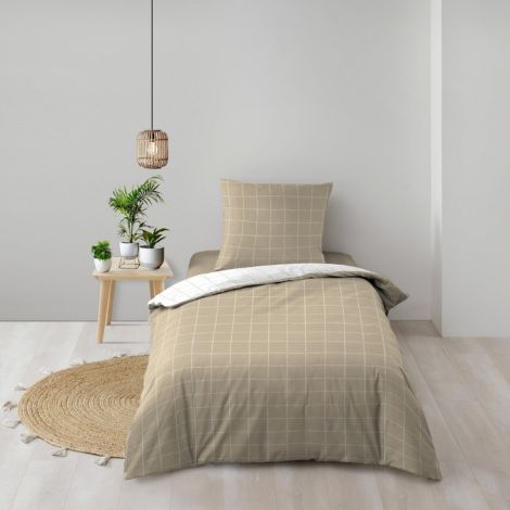 Hvidt og beige sengetøj 140x200 cm. vendbart i ren bomuld