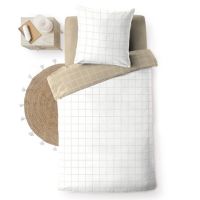 Hvidt og beige sengetøj 140x200 med dots der laver et ternet mønster vendbart design