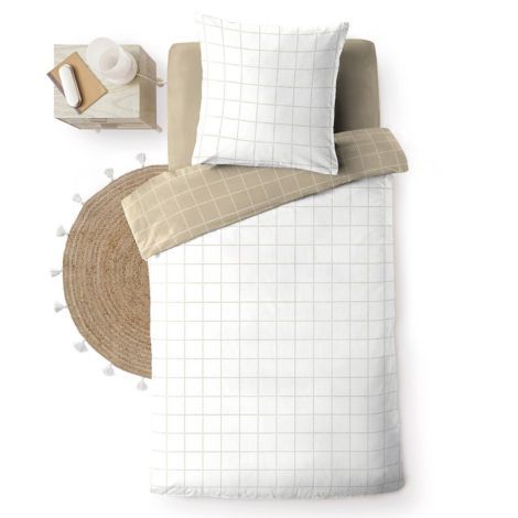 Hvidt og beige sengetøj 140x200 med dots der laver et ternet mønster vendbart design