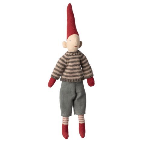 Maileg kravlenisser nr 1 med grønne bukser og stribet strikbluse